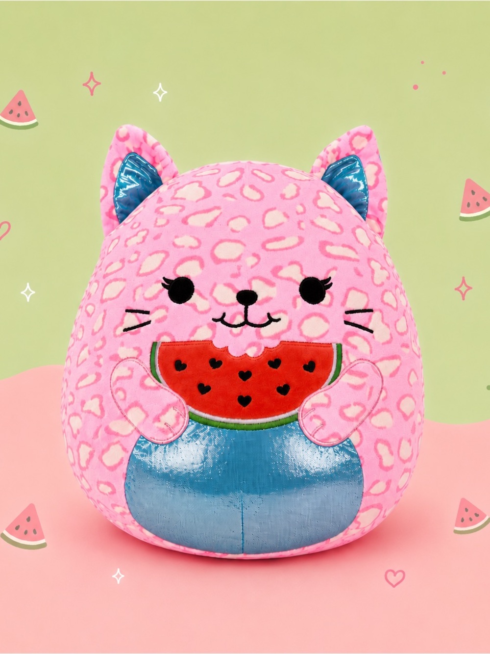 🧸 2/$58 SQUISHMALLOW Cute Pink Leopard Kitty Cat Eating Watermelon Plush 16”